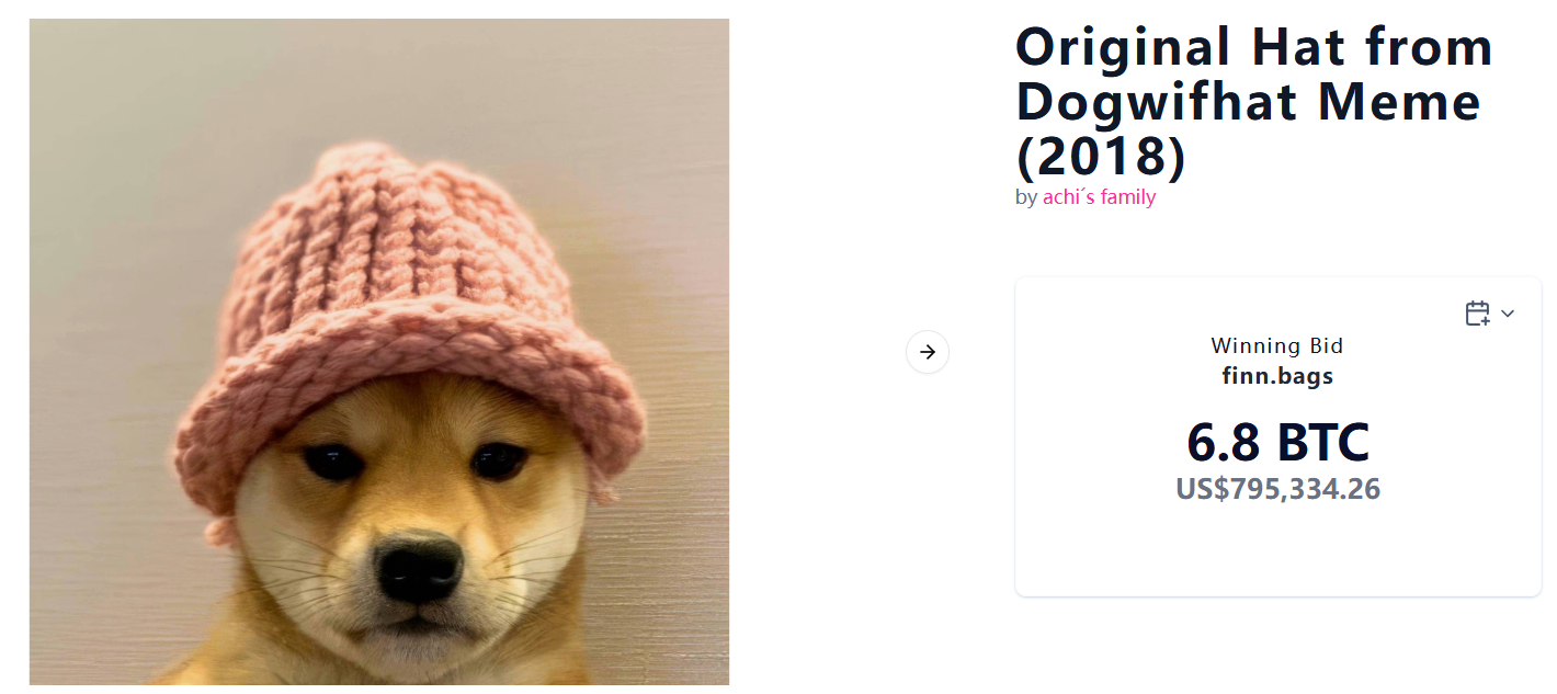 Dog Hat Coin $WIF „Pink Fur Hat“ für 6,8 BTC verkauft! Käufer CEO von BAGS: 800.000 US-Dollar für 1 Milliarde Meme Narrative“></p><p>Tatsächlich beinhaltet die Auktion zusätzlich zu Achis physischer rosa Pelzmütze auch ein Foto von Achi und der Pelzmütze, einen handgeschriebenen Brief des Besitzers (zur Überprüfung der Echtheit) und ein mündliches Video des Besitzers (das die Geschichte dieser Mütze und $WIF-Memes enthüllt).</p><p>Es ist auch erwähnenswert, dass es während der Auktion eine Episode gab Auktion, X-Benutzer @Wolfy_XBT Es stellte sich heraus, dass der chinesische KOL @hexiecs während der Auktion einmal für 100 BTC (ungefähr 11,65 Millionen US-Dollar) geboten hatte, FINN jedoch keine Anzeichen von Schwäche zeigte und sofort 101 BTC geboten hatte, was ein sicherer Gewinn zu sein schien 1.000 BTC, die Kosten eines Ausfalls sind nicht allzu hoch. </p><blockquote class=