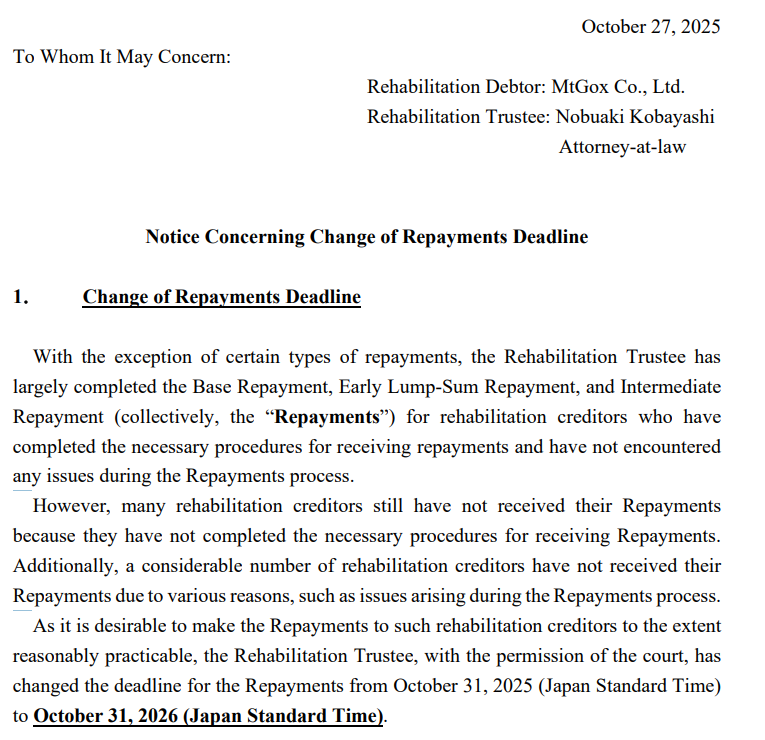 Mentougou Mt. Gox Exchange extended the repayment date to October 2026, how many Bitcoins are still outstanding?
